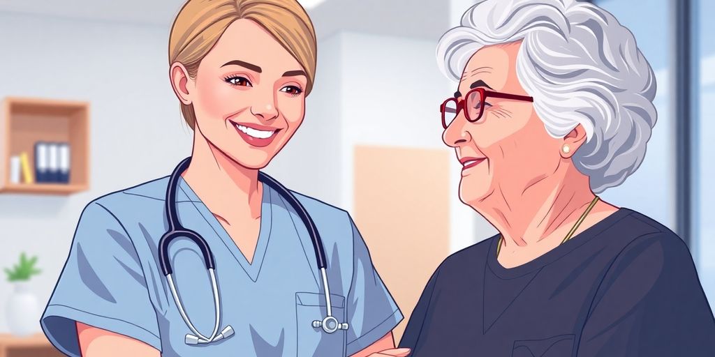 Medical assistant smiling while helping a patient.