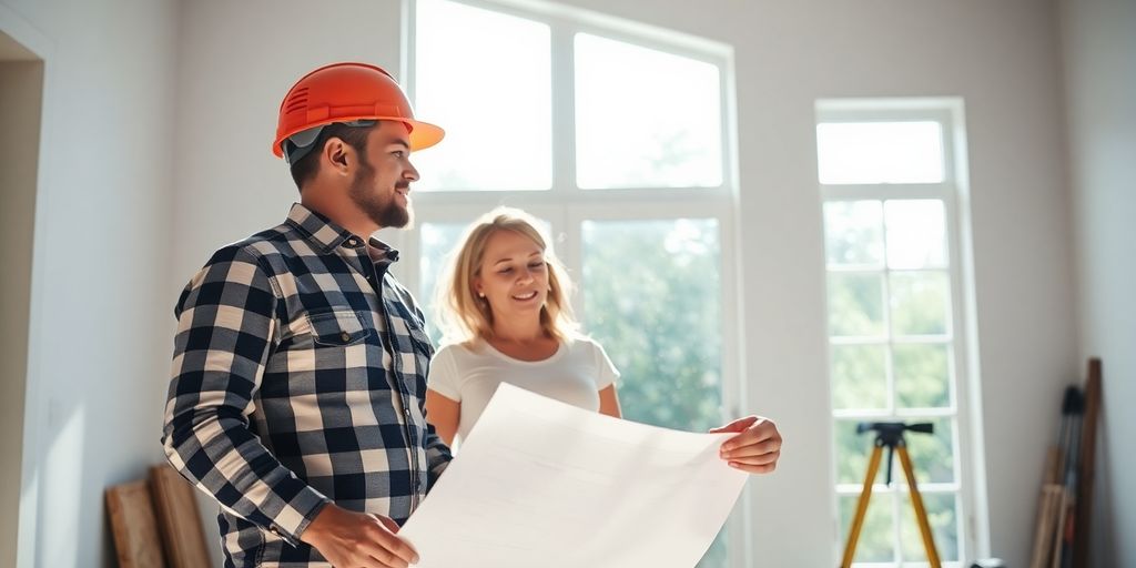 Home interior remodel, contractor discussing plans with homeowner.