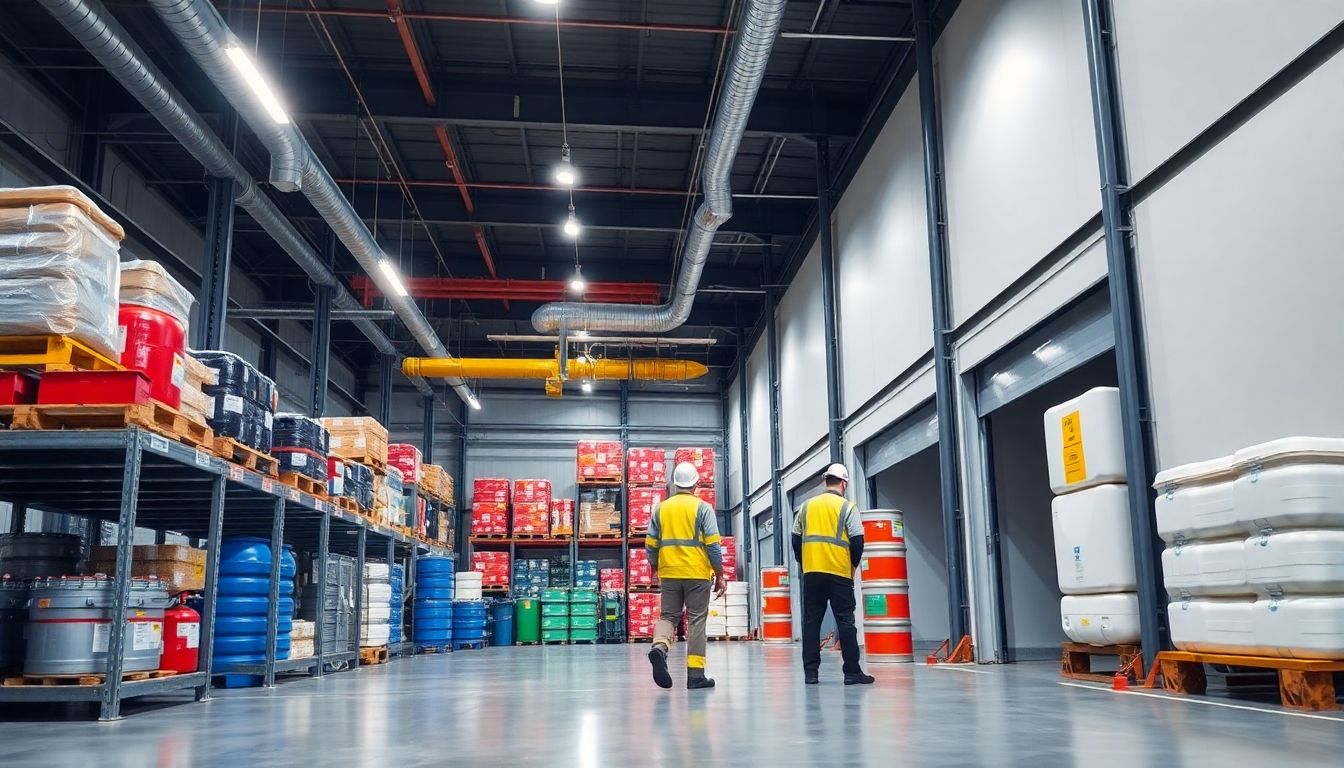 Interior of a hazmat warehouse with secure storage solutions.
