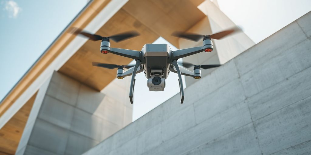 Drone inspecting large concrete structure.