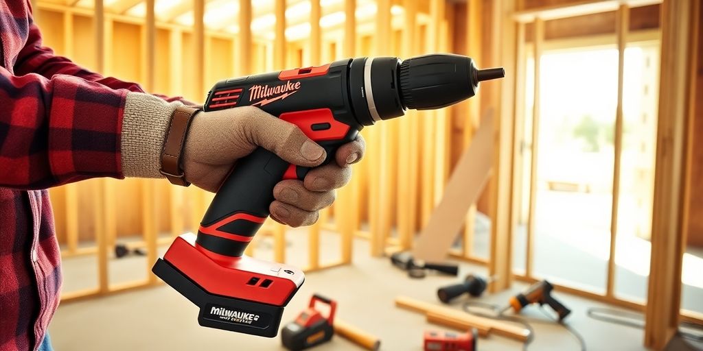 Construction worker holding Milwaukee M18 FUEL drill at wood framing