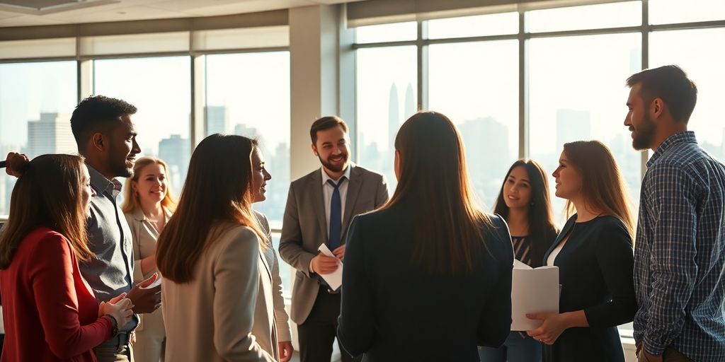 Diverse professionals collaborating in a modern office setting.