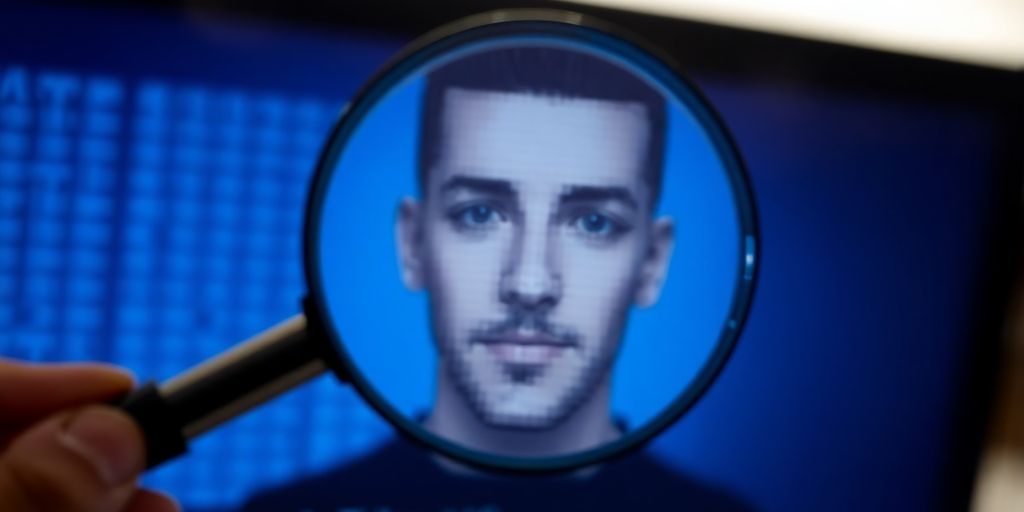 Magnifying glass over digital face pixels.