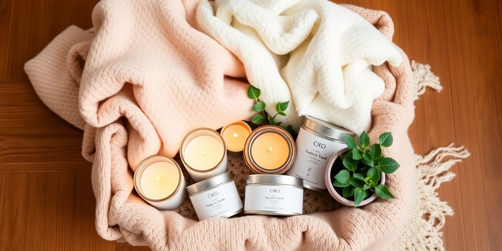 Cozy care package for new moms with soft items.