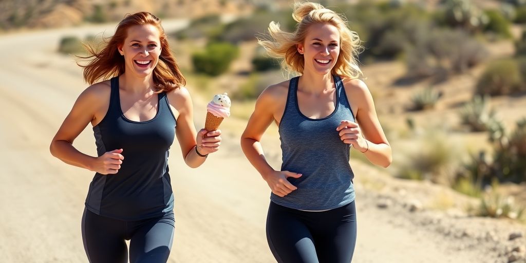 Two women holding ice cream cones, laughing.