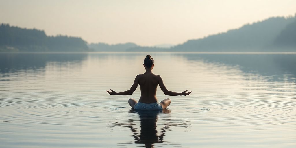 Serene person meditating by a tranquil lake.