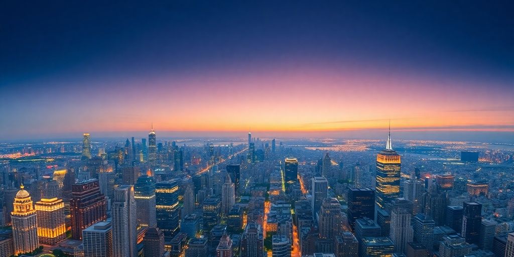 Global city skylines at dusk.