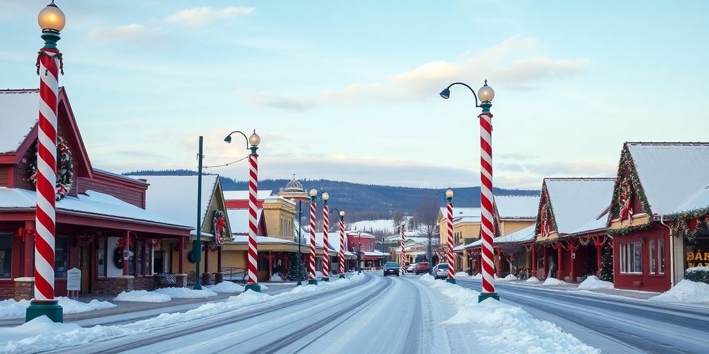 A snowy street in North Pole Alaska with candy-cane light poles.