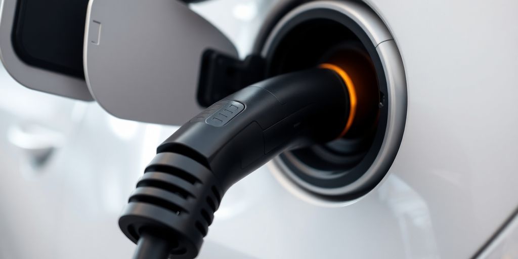 Close-up of electric vehicle charging port and cable.