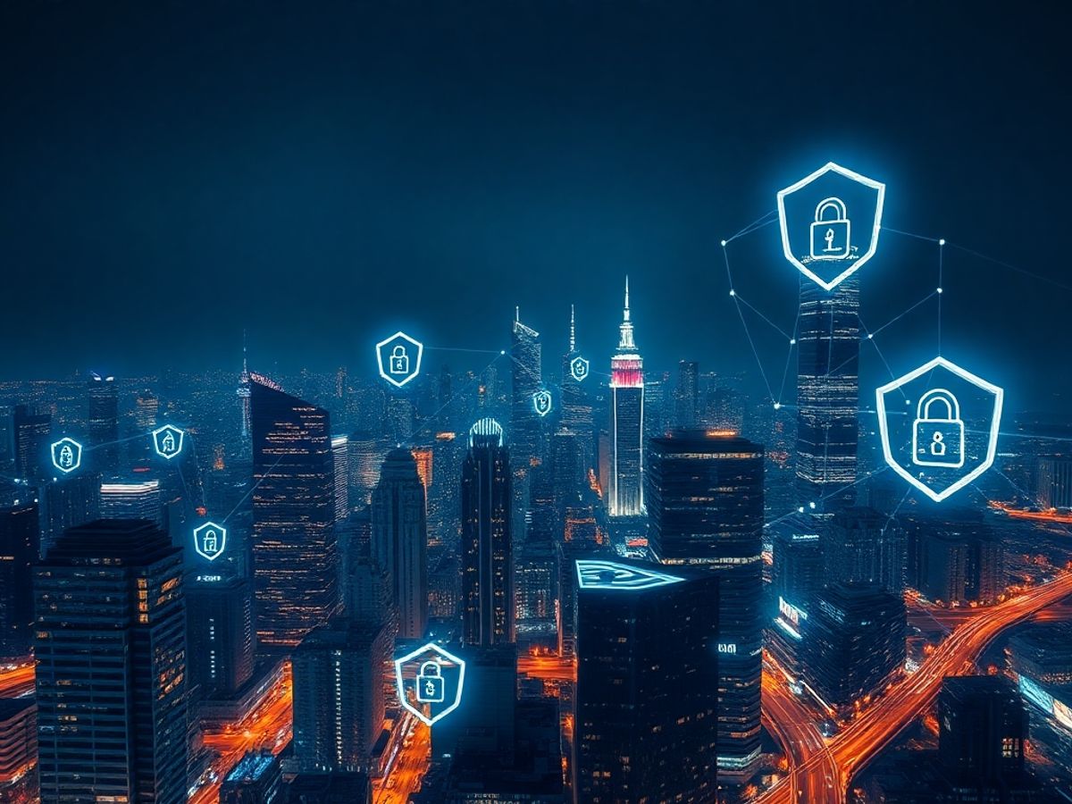 Futuristic city with blockchain networks and security icons.