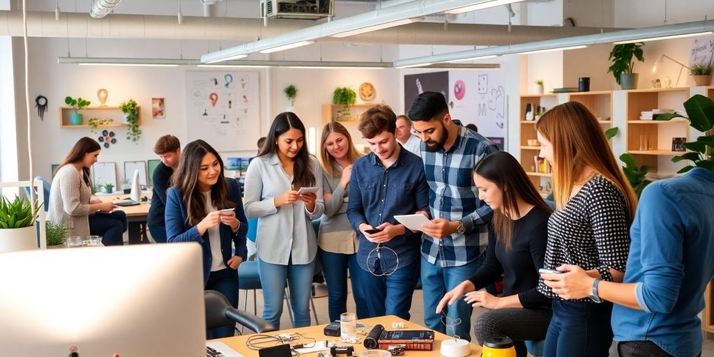 Group of diverse people brainstorming new product ideas.
