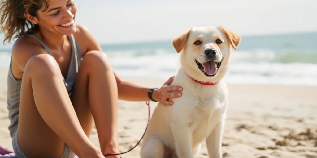 Puppy and owner bonding on Coogee beach.