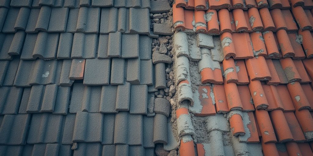 Aerial view of a roof with repairs needed.