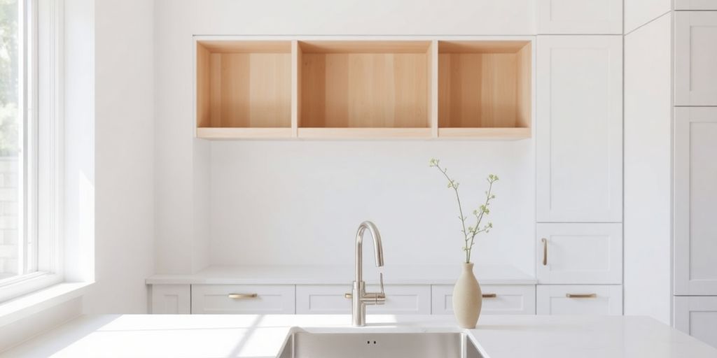 Minimalist kitchen with white countertops and wooden accents.