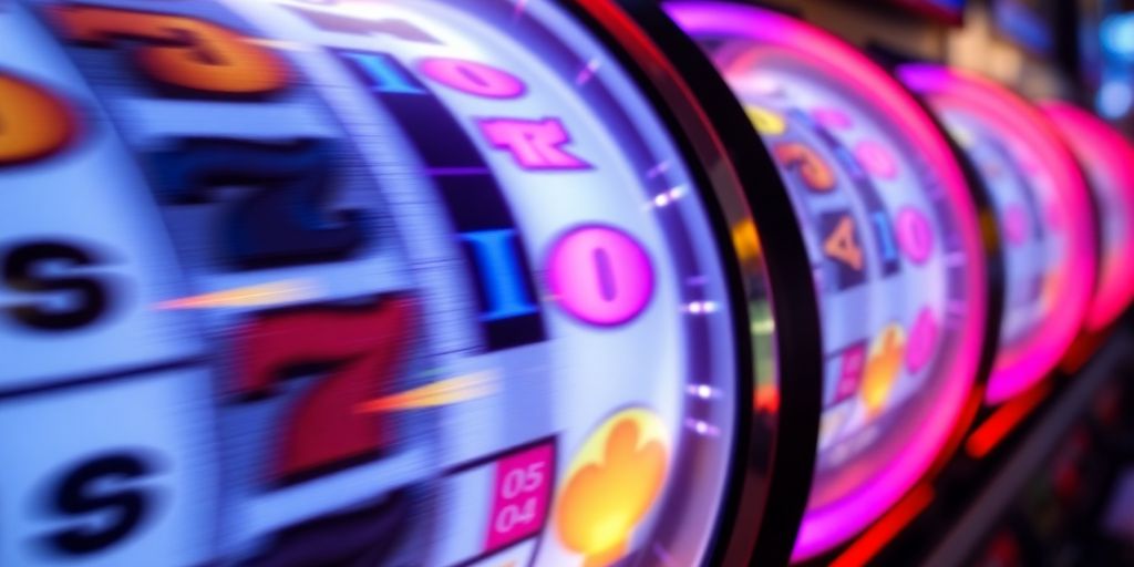 Spinning slot machine reels with glowing numbers.