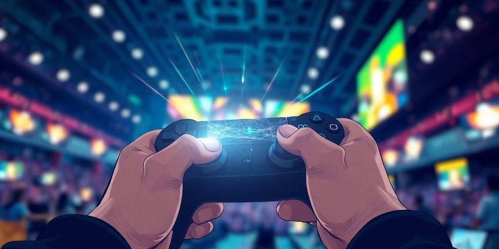 Player hands on control, digital glow, esports arena.
