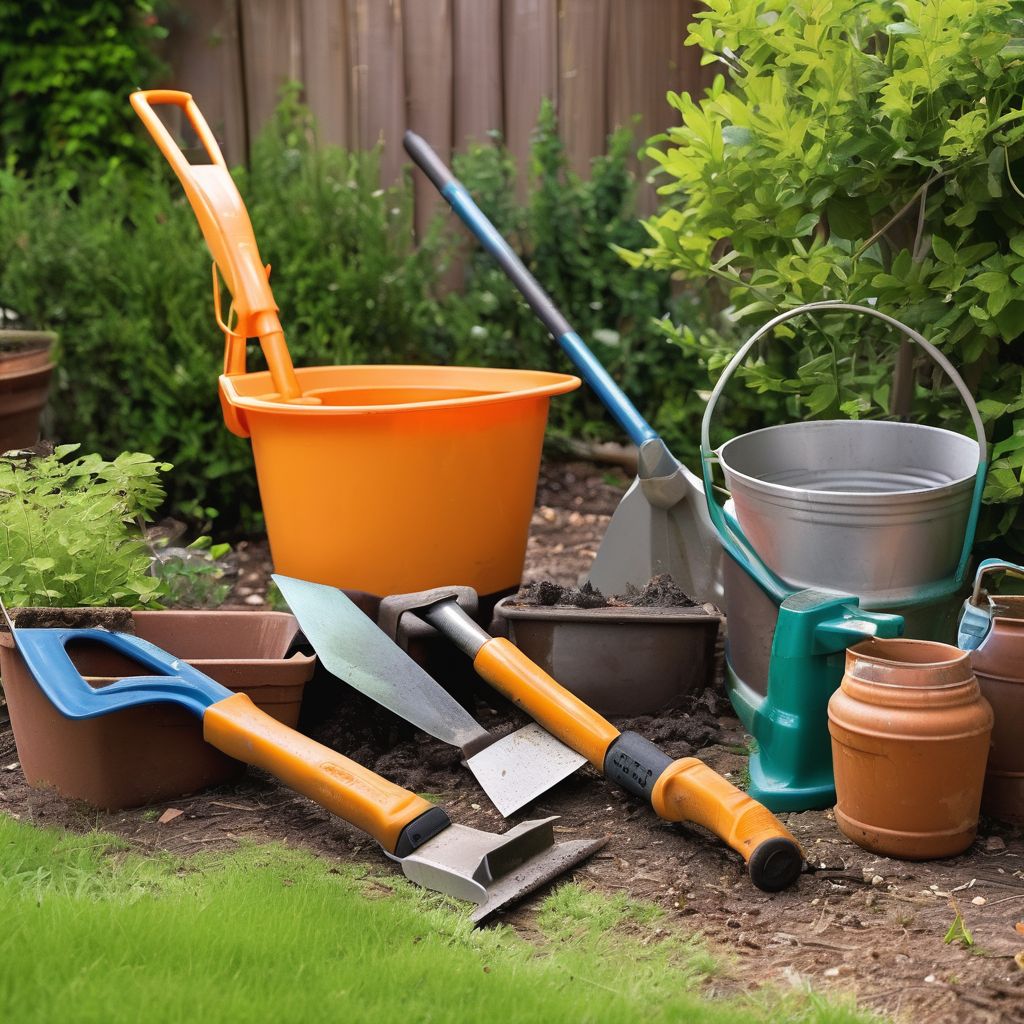 cleaning and sharpening garden tools in a backyard