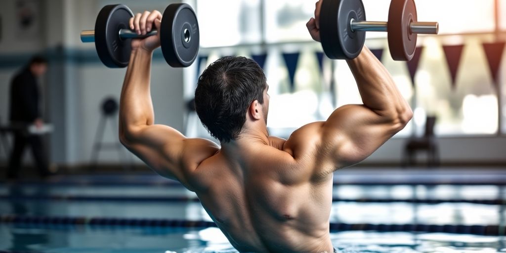 Swimmer lifting weights in gym.