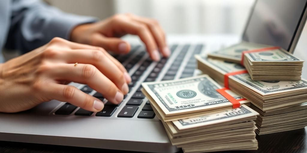 Person typing on laptop, stacks of cash visible.