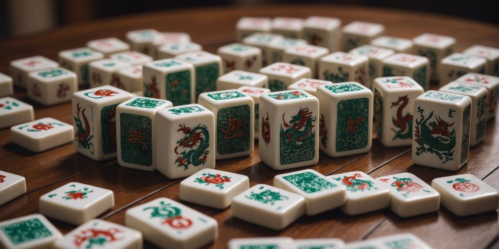 Close-up of Mahjong dragon tiles on a game board.