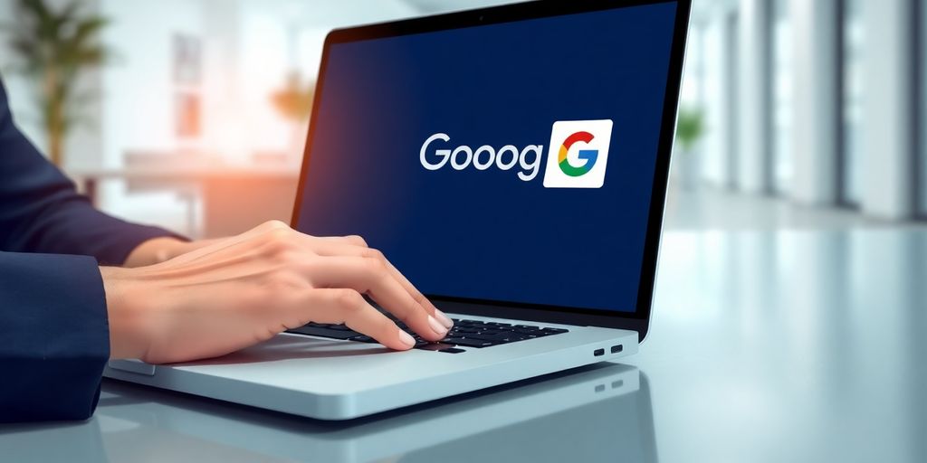 Laptop with Google logo, professional person.