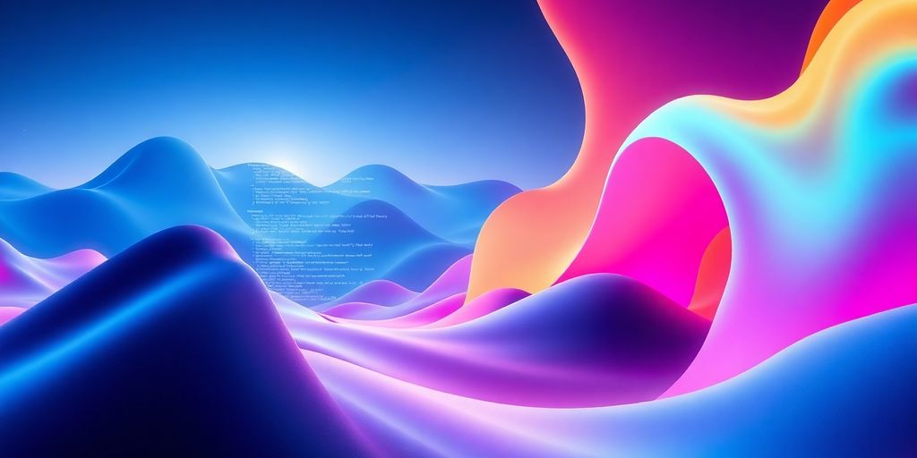 Futuristic coding interface with vibrant abstract shapes.