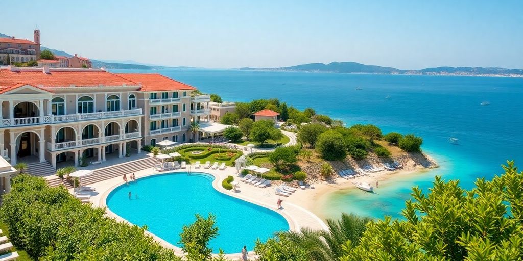 Luxurious Macakizi hotel with beach and greenery in Bodrum.