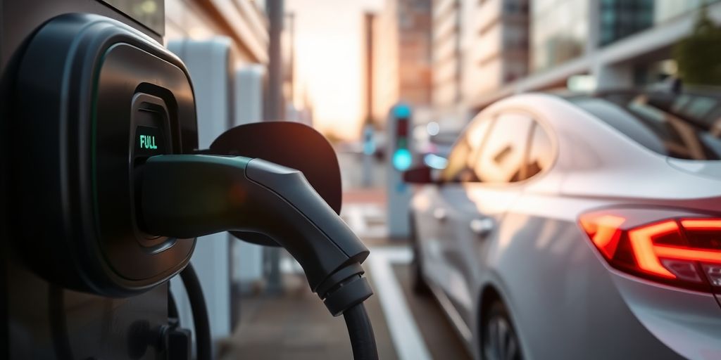 Electric vehicle charger and car with full charge indicator.