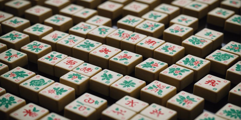 Close-up of Mahjong bamboo tiles in winning layout.