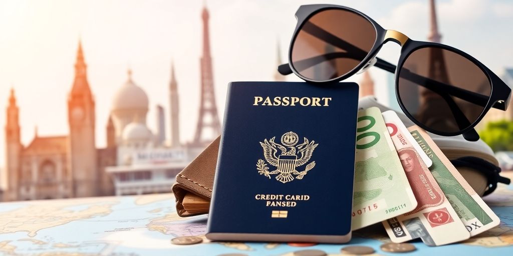 Cenário de viagem com passaporte e moedas internacionais. Viagens Internacionais
