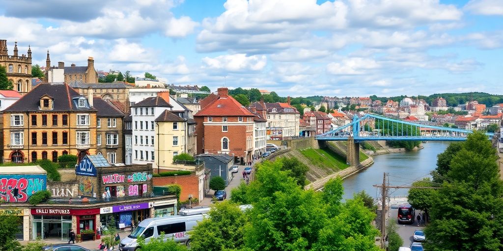 Colorful Bristol cityscape with historic buildings and bridge.