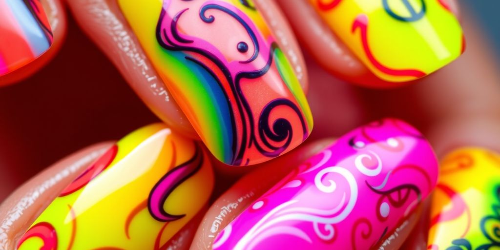 Unhas neon decoradas com cores vibrantes.