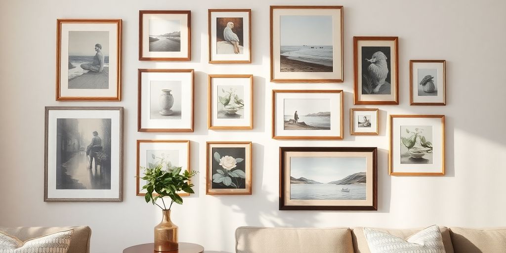 Artfully arranged framed paintings on a wall.