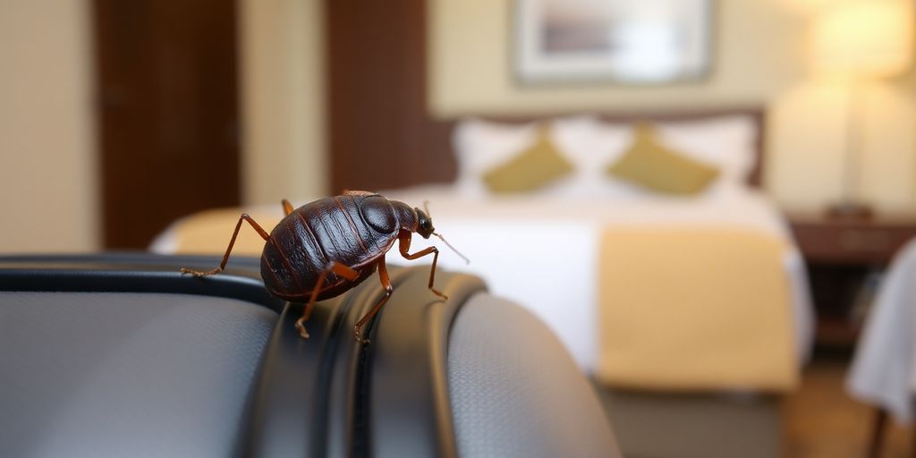 Bed bug on a suitcase in a hotel room.