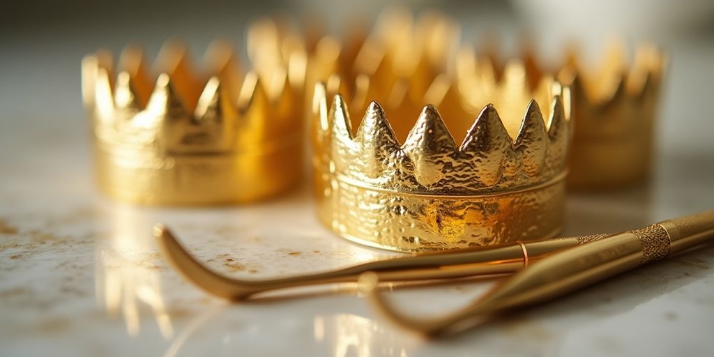 Couronnes dentaires en or sur une surface brillante.
