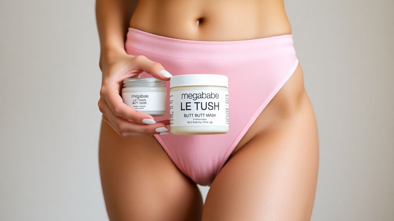 Woman holding Megababe Le Tush mask by her hip.