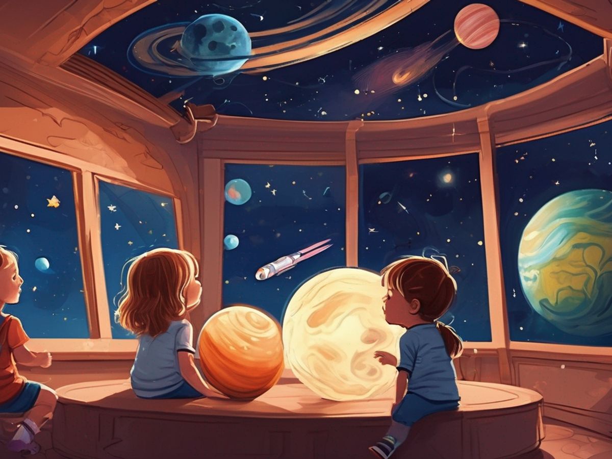 children exploring space with interactive planetarium at home