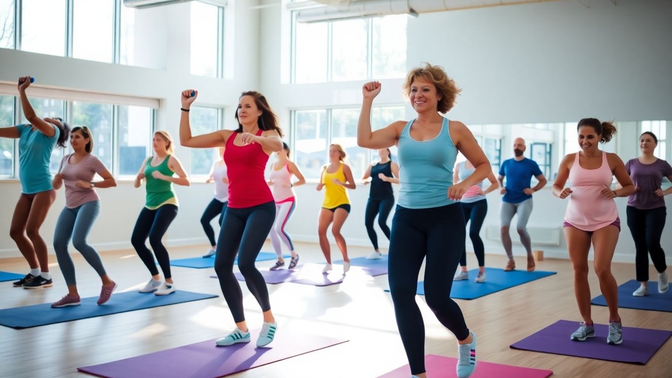 Diverse group exercising in a bright gym setting.