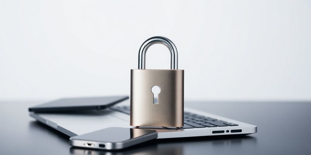 Padlock securing a laptop and mobile phone.