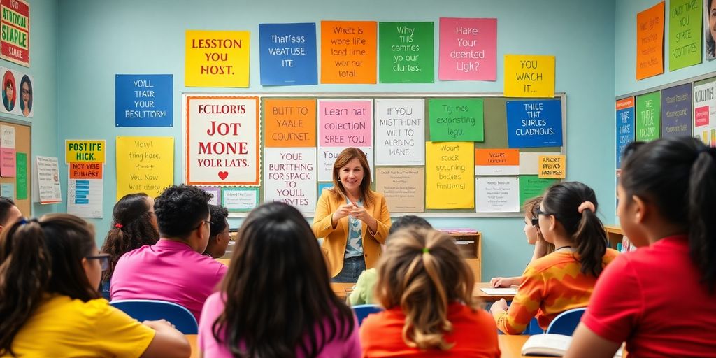 Students discussing motivation in a colorful classroom setting.