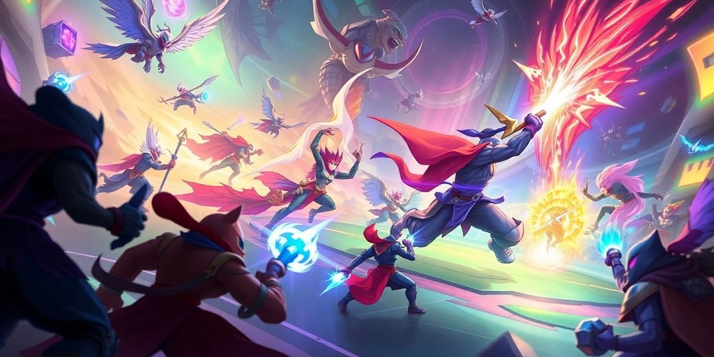 League of Legends champions battling in arena.