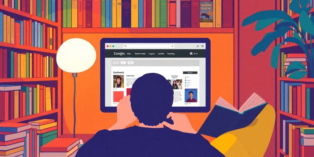 Person using Goodreads with colorful book covers around.