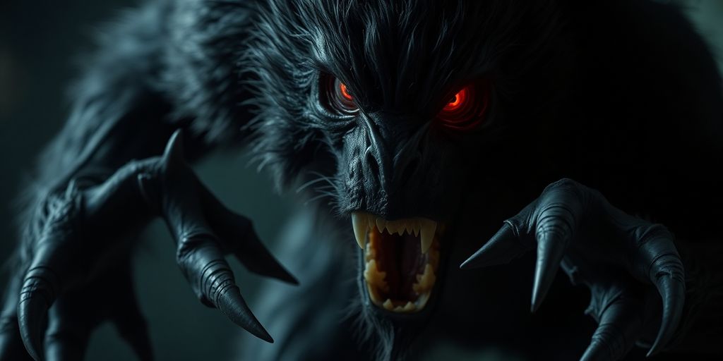 Nahaufnahme eines bedrohlichen Monsters mit scharfen Klauen.