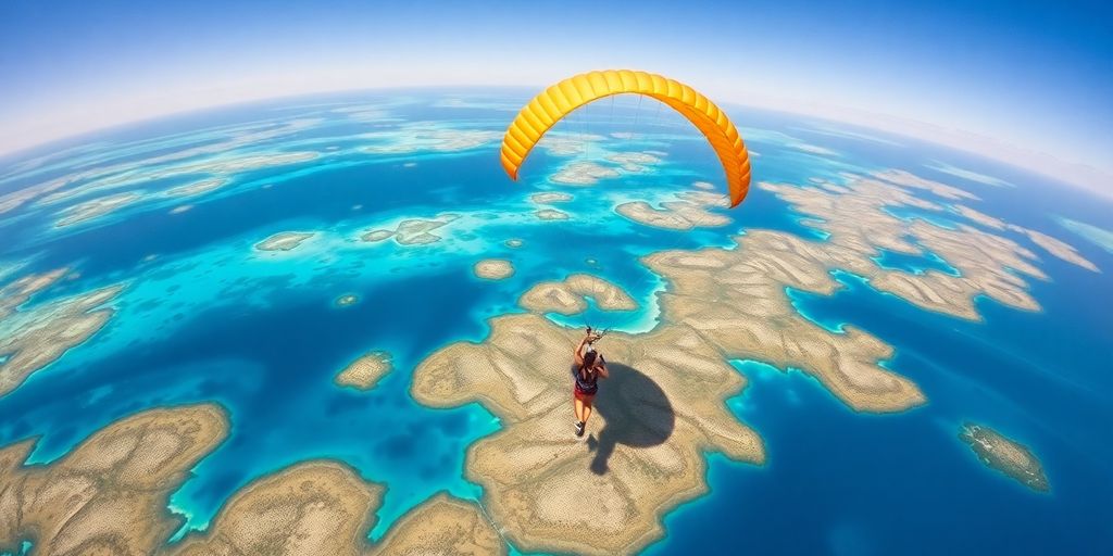 Skydiving over the colorful Great Barrier Reef.