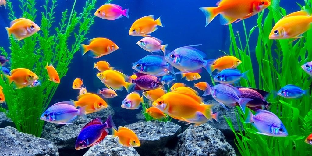 色彩斑斓的水族鱼在郁郁葱葱的植物中游泳。