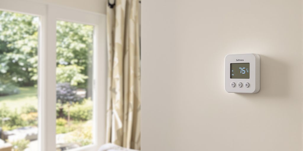 Home HVAC system thermostat and sunny living room.