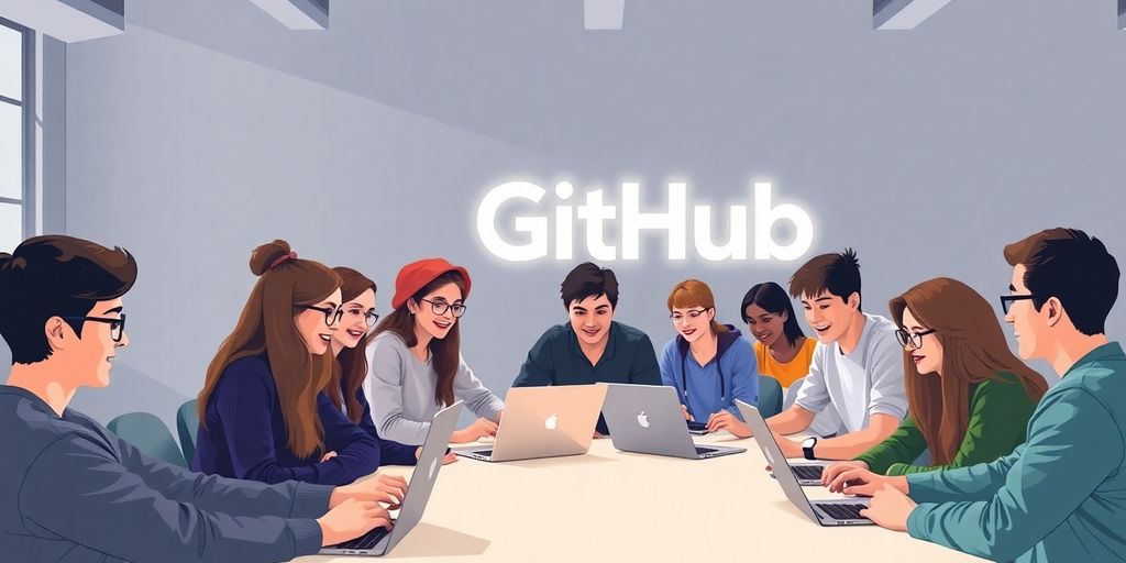 Students collaborating on laptops, GitHub logo in background.