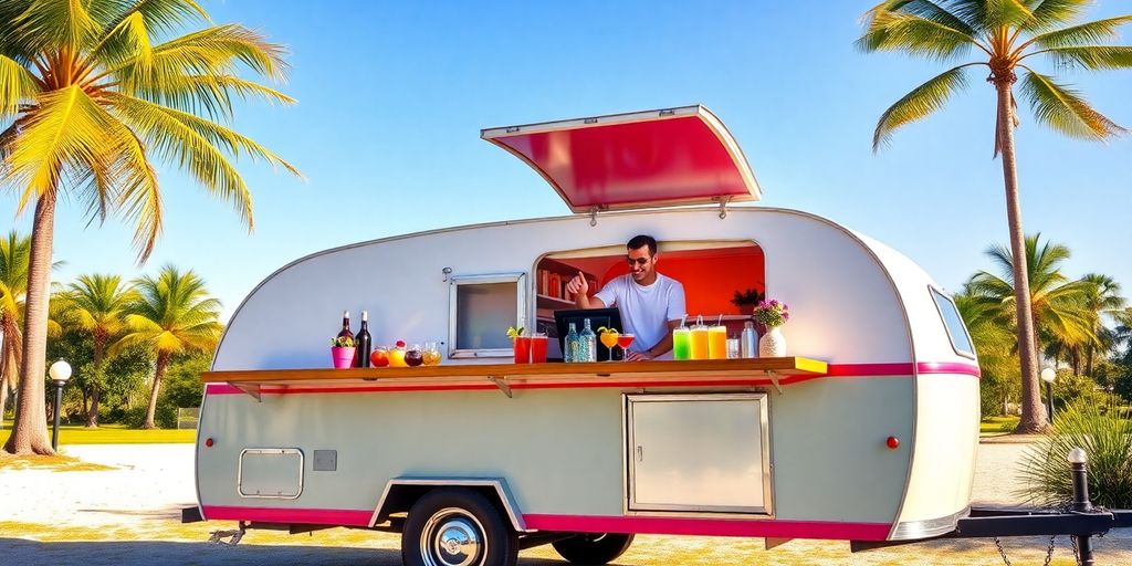 A sleek, modern mobile bar serving drinks outdoors.