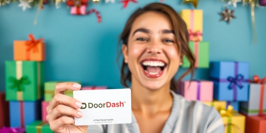 Person holding a DoorDash gift card with colorful gifts.