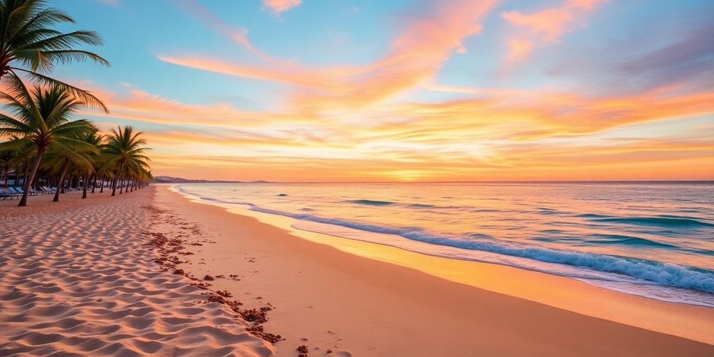 Beach at Riu Baja California with sunset and palm trees.